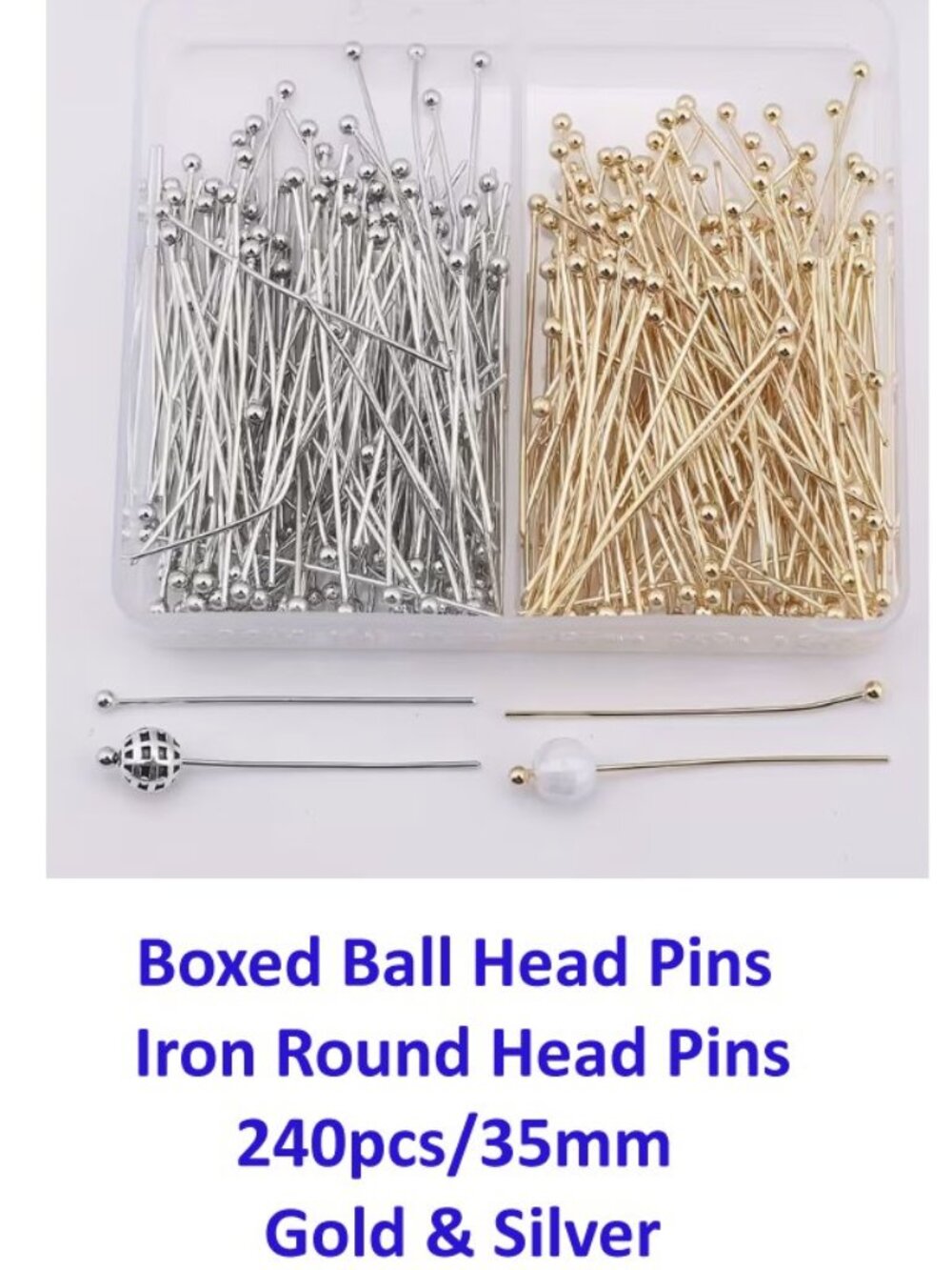 Boxed Ball Head Pins Iron Round Head Pins 240pcs/35mm Gold & Silver